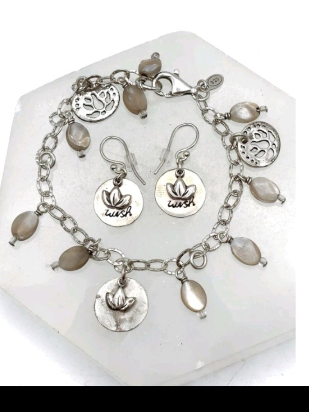 Sterling Silver 'Wish' Lotus Charm Bracelet & Earrings Set - Pearl Bead Accents